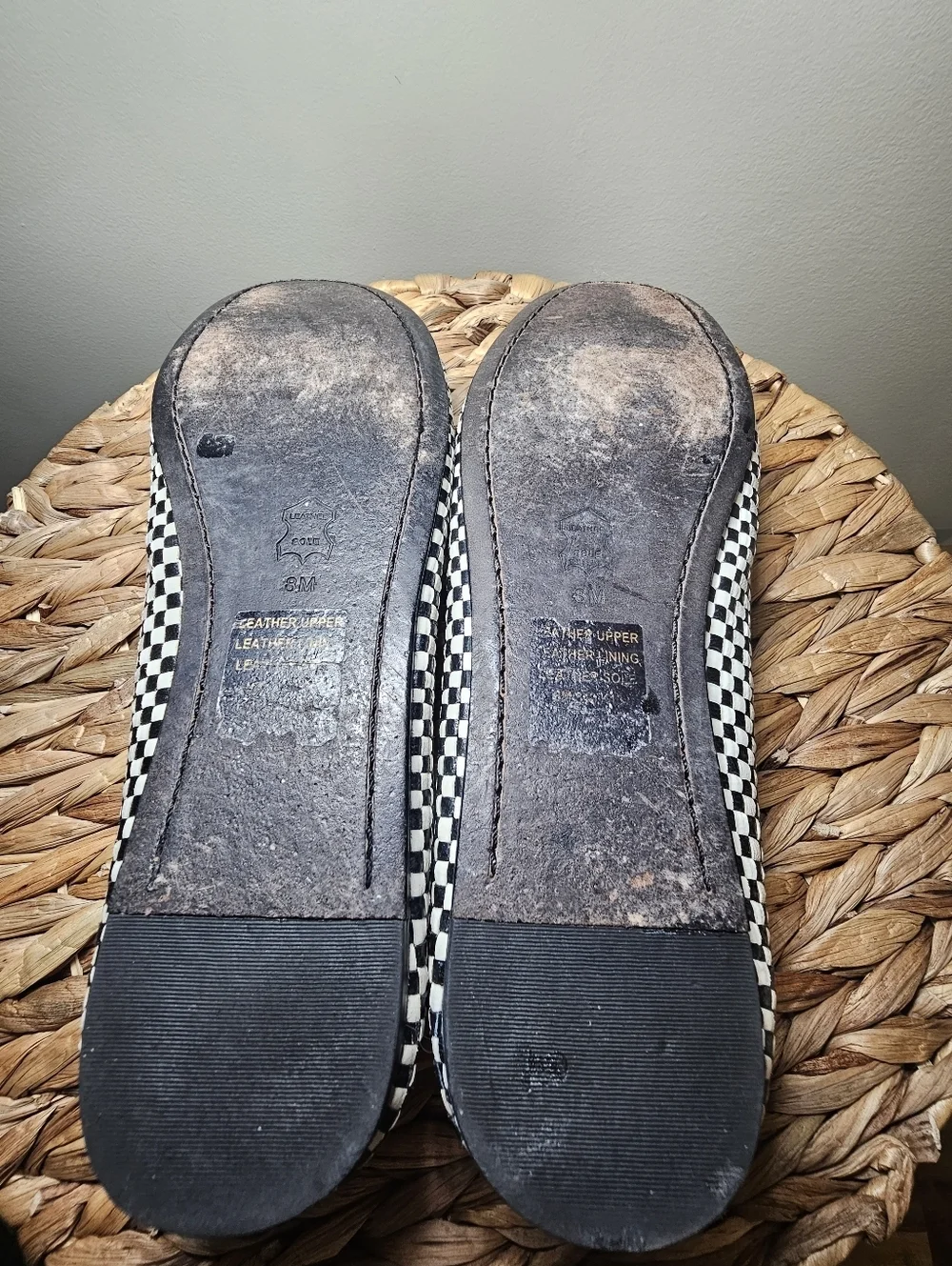 Tory Burch Woven Leather Ballet Flats 8M Black White Checkered Tassel